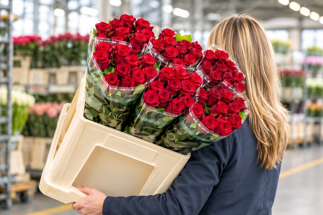 Medewerker draagt een emmer met bossen rode rozen door de distributiehal