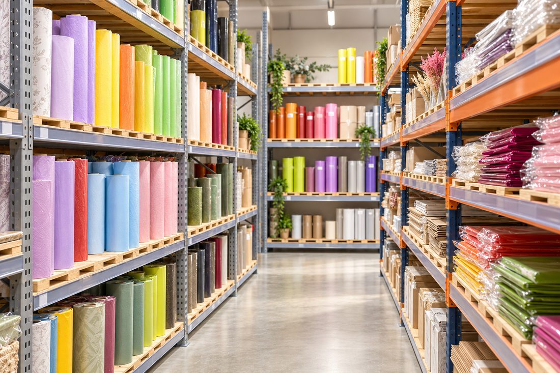 Magazijn met stellingen vol rollen inpakpapier, folie en verpakkingsmateriaal